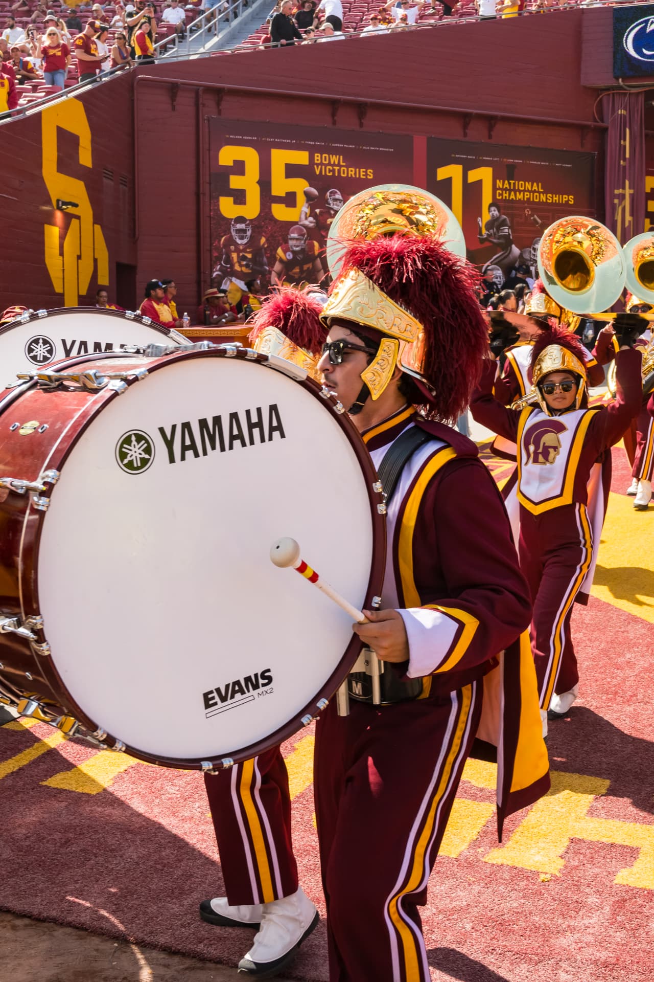 Ian Cervantes performing with the USC marching band on the field at the Los Angeles Memorial Coliseum
